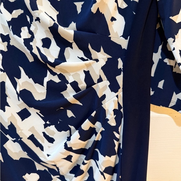 Lauren Ralph Lauren Blue and Cream Dress Crew Neck Gathered on One Side - Picture 2 of 4